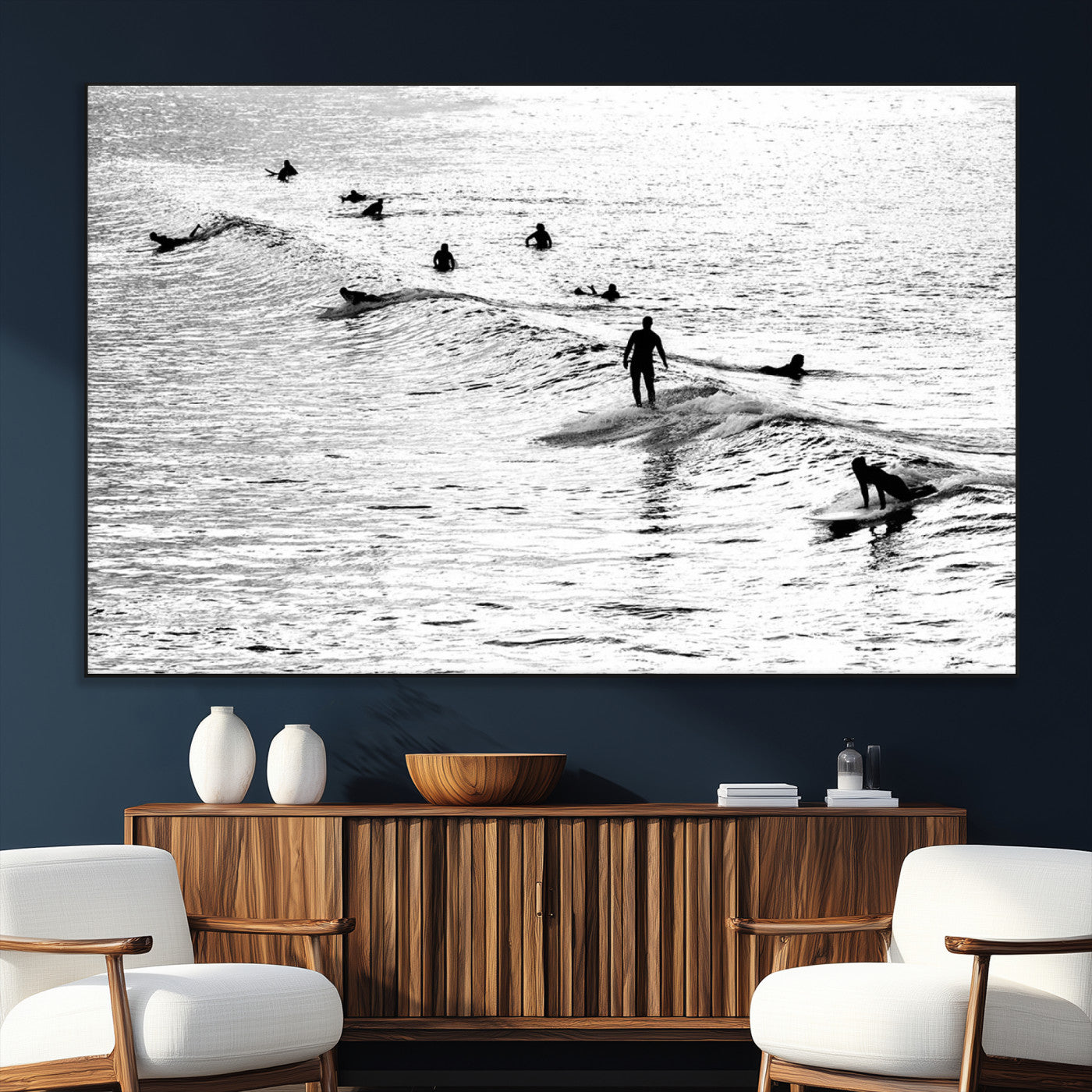 68018616-SEG-FC-51X34_Oversize_Oversize-Black and White Surf Photography Print – Minimalist Ocean Wall Art, Surfers Riding Waves, Coastal Beach Decor for Modern Home or