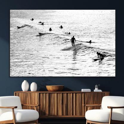 68018616-SEG-FC-51X34_Oversize_Oversize-Black and White Surf Photography Print – Minimalist Ocean Wall Art, Surfers Riding Waves, Coastal Beach Decor for Modern Home or