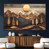90044381-SEG-FC-51X34_Oversize_Oversize-Rustic Wall Art – Wooden Mountain Landscape with Sun and Pine Trees, Handcrafted Nature Canvas Style Decor for Bedroom, Living