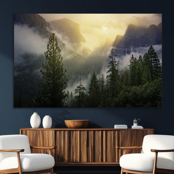 38316884-SEG-FC-51X34_Oversize_Oversize-Landscape Wall Art – Misty Mountain Valley Canvas Print, Scenic Pine Forest and Sunrise Photography Decor for Bedroom, Living