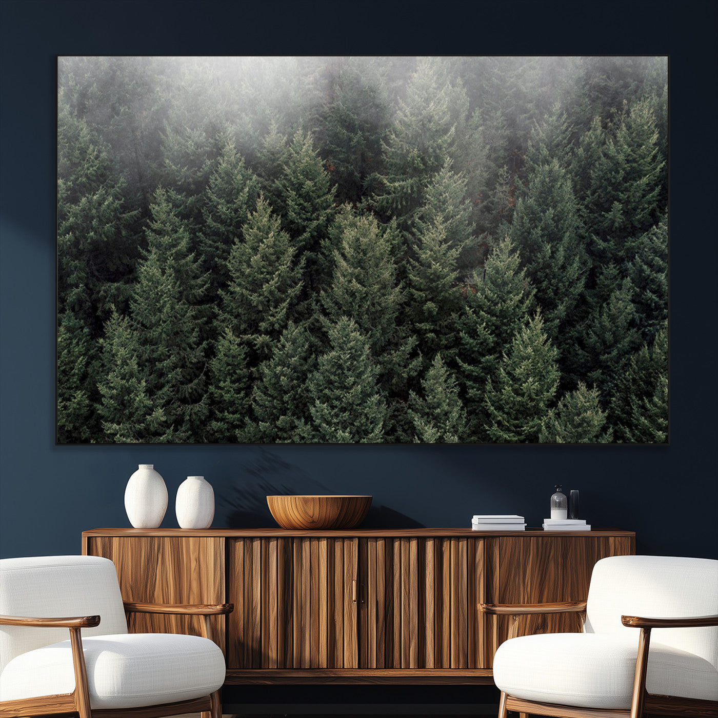 84059409-SEG-FC-51X34_Oversize_Oversize-Forest Wall Art – Misty Evergreen Trees Canvas Print, Tranquil Nature Photography Decor for Bedroom, Living Room, Office, Cabin or
