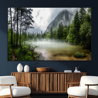 93123937-SEG-FC-51X34_Oversize_Oversize-Landscape Wall Art – Misty Mountain Lake Canvas Print, Tranquil Forest and Waterfall Photography Decor for Bedroom, Living Room,