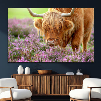 64069351-SEG-FC-51X34_Oversize_Oversize-Farmhouse Wall Art – Highland Cow in Wildflowers Canvas Print, Rustic Country Cattle Photography Decor for Bedroom, Living Room,