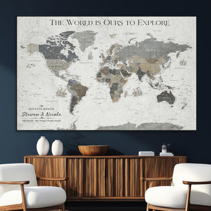 97082026-SEG-FC-51X34_Oversize_Oversize-Personalized World Map Wall Art – Vintage Gray Adventure Travel Map with Custom Couple or Family Names, Rustic Wall Decor for Home