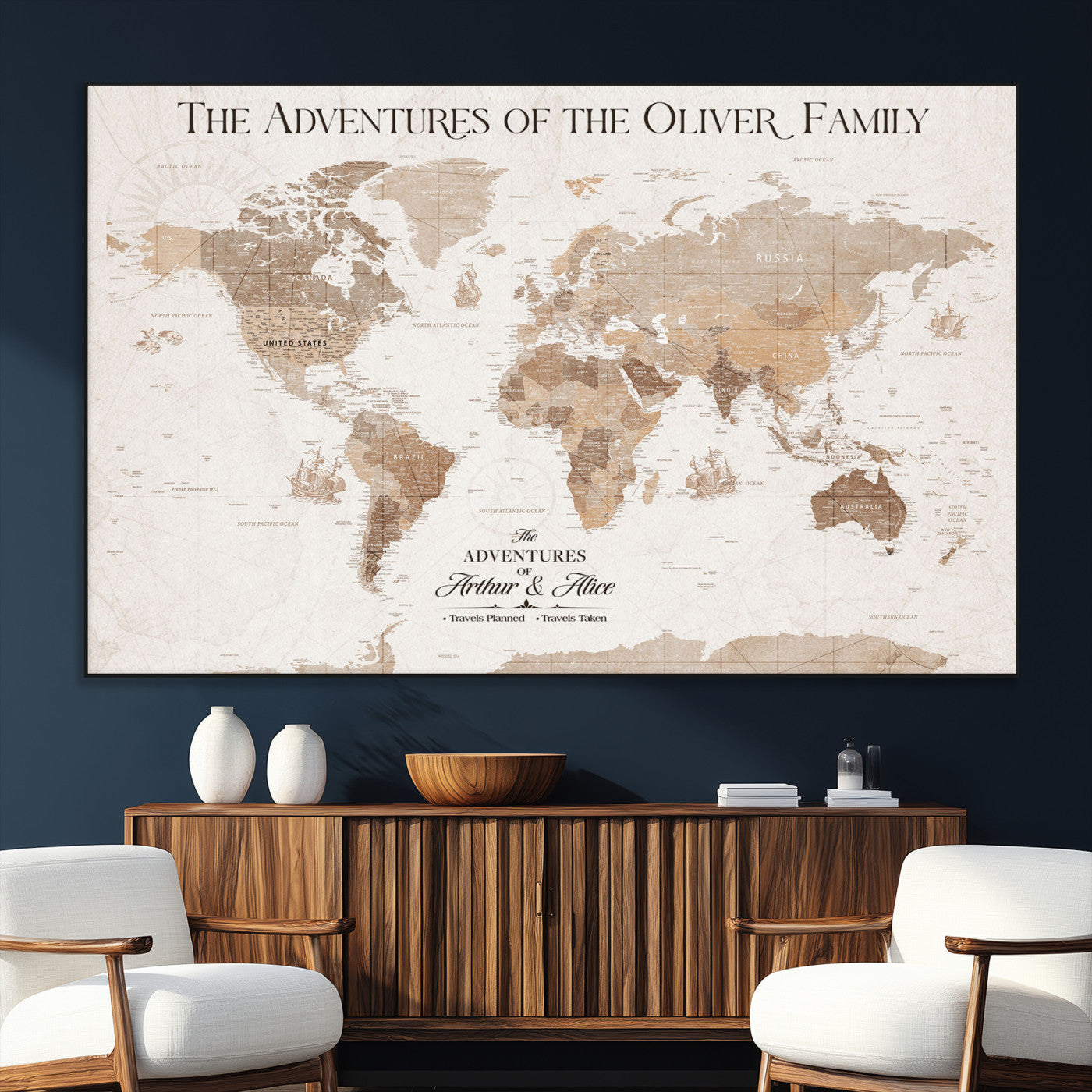 43869621-SEG-FC-51X34_Oversize_Oversize-Personalized World Map Wall Art – Light Beige Sepia Adventure Travel Map with Custom Family or Couple Names, Rustic Wall Decor for