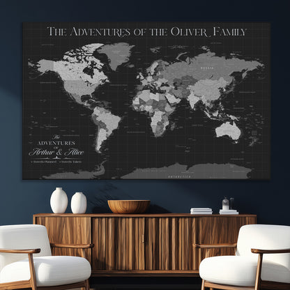 46064114-SEG-FC-51X34_Oversize_Oversize-Personalized World Map Wall Art – Black & Grey Adventure Travel Map with Custom Family or Couple Names, Modern Wall Decor for Home