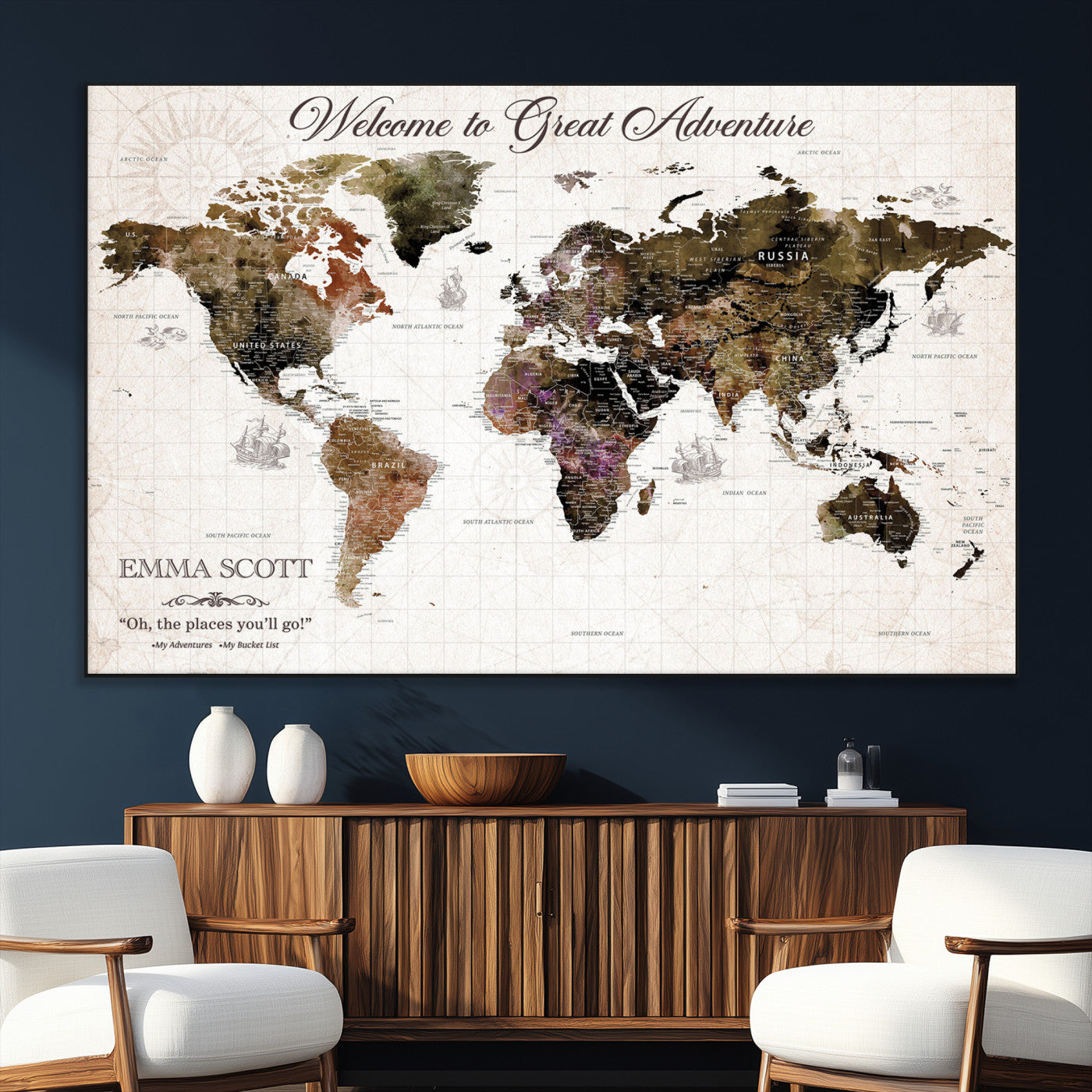 33631532-SEG-FC-51X34_Oversize_Oversize-Personalized World Map Wall Art – Dark Vintage Adventure Travel Map with Custom Names, Rustic Wall Decor for Couples, Home or