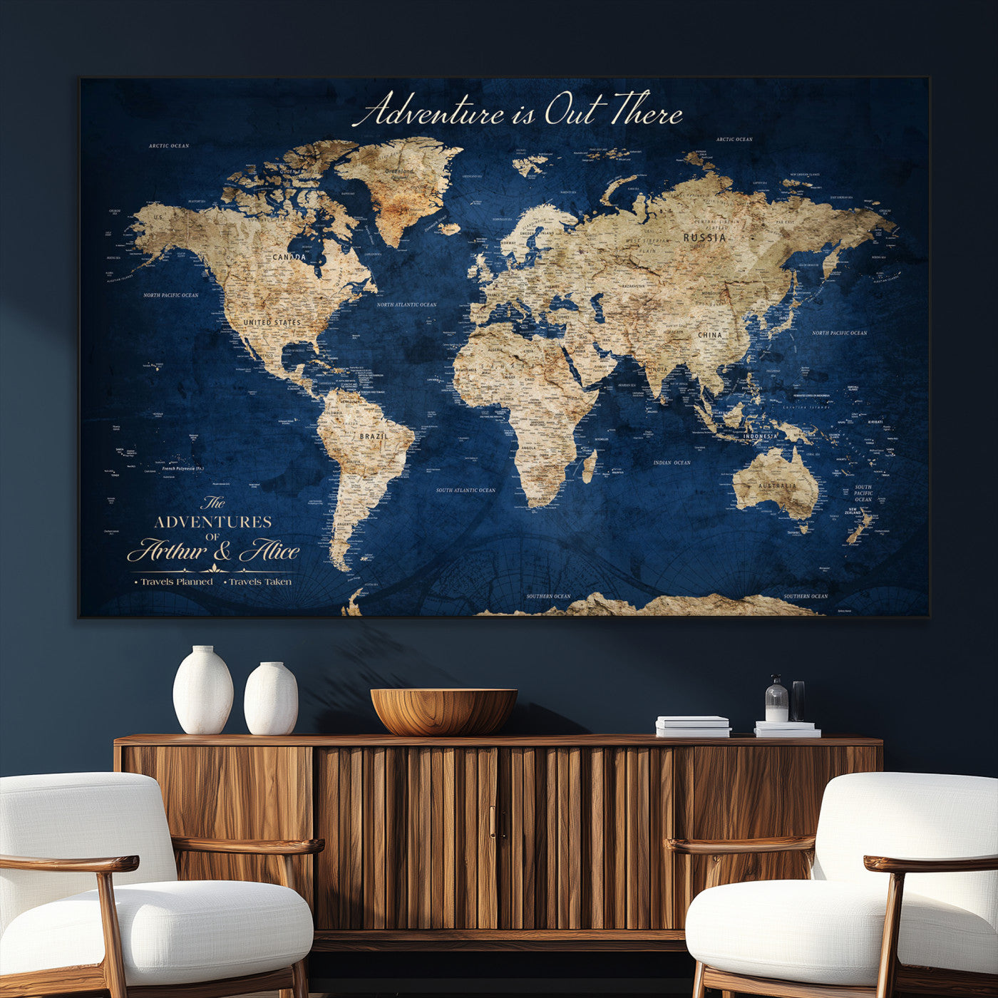 71052542-SEG-FC-51X34_Oversize_Oversize-Personalized World Map Wall Art – Rustic Navy Blue Adventure Travel Map with Custom Couple Names, Vintage Wall Decor for Home or