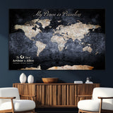 85403043-MGV-CV-36X24-Personalized World Map Wall Art – Dark Blue Rustic Adventure Map with Custom Couple Names, Vintage Wall Decor for Home or Travel