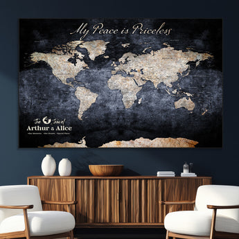 85403043-MGV-CV-36X24-Personalized World Map Wall Art – Dark Blue Rustic Adventure Map with Custom Couple Names, Vintage Wall Decor for Home or Travel