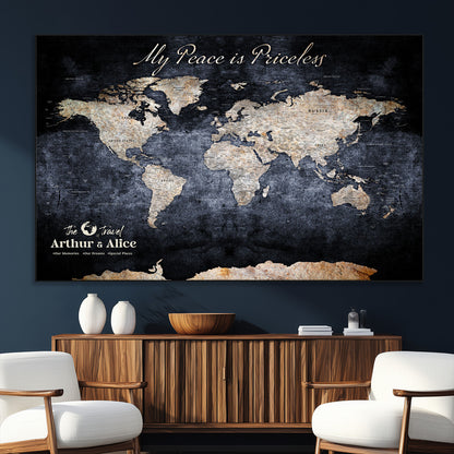 85403043-MGV-CV-36X24-Personalized World Map Wall Art – Dark Blue Rustic Adventure Map with Custom Couple Names, Vintage Wall Decor for Home or Travel