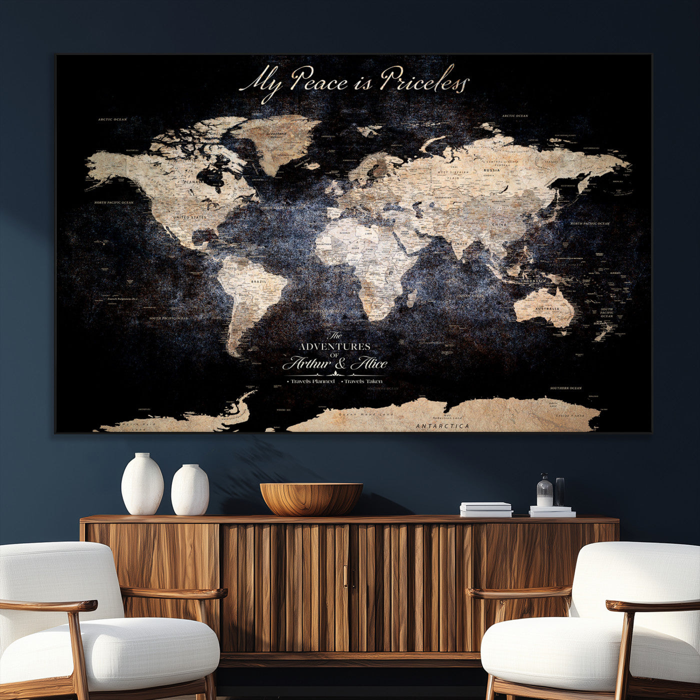 51488142-SEG-FC-51X34_Oversize_Oversize-Personalized World Map Wall Art – Dark Rustic Adventure Travel Map with Custom Names, Vintage Wall Decor for Couples, Families or