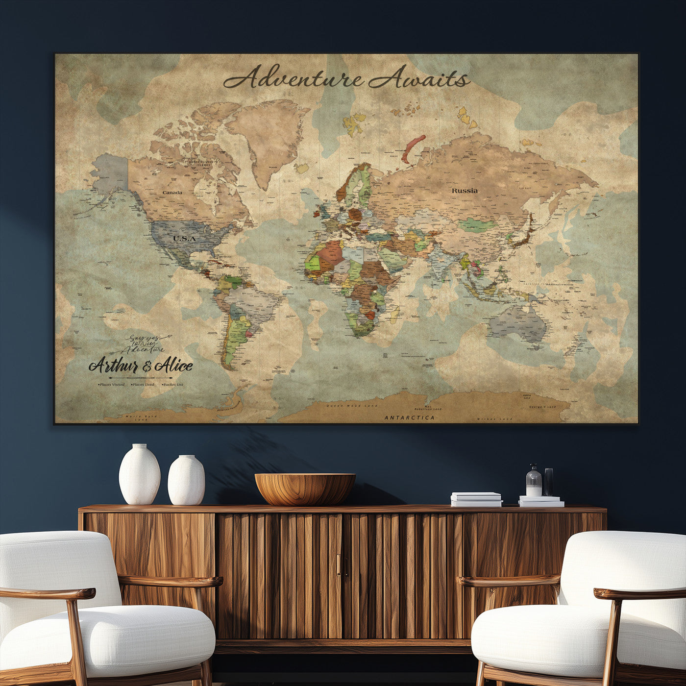 62500285-SEG-FC-51X34_Oversize_Oversize-Personalized World Map Wall Art – Rustic Watercolor Adventure Awaits Travel Map with Custom Couple Names, Vintage Wall Decor for