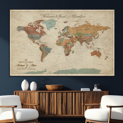43497401-SEG-FC-51X34_Oversize_Oversize-Personalized World Map Wall Art – Vintage Rustic Adventure Travel Map with Custom Couple Names, Welcome to Great Adventure Wall
