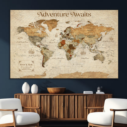 18685073-SEG-FC-51X34_Oversize_Oversize-Personalized World Map Wall Art – Antique Vintage Parchment Adventure Awaits Travel Map with Custom Couple Names, Rustic Wall