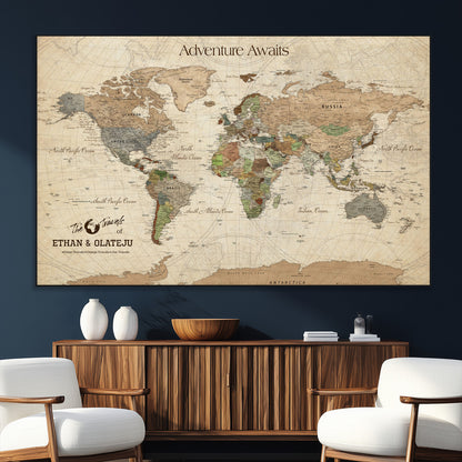 62766900-MGV-CV-36X24-Personalized World Map Wall Art – Antique Parchment Adventure Travel Map with Custom Couple Names, Rustic Wall Decor for Home,