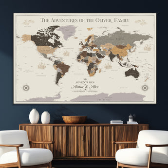 40679469-SEG-FC-51X34_Oversize_Oversize-Personalized World Map Wall Art – Neutral Tones Adventure Travel Map with Custom Family Names, Rustic Wall Decor for Living Room