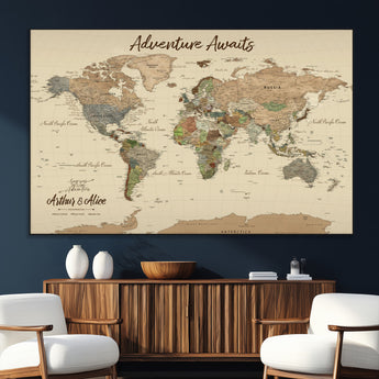 53442996-MGV-CV-36X24-Personalized World Map Wall Art – Adventure Awaits Vintage Travel Map with Custom Couple Names, Rustic Wall Decor for Home,