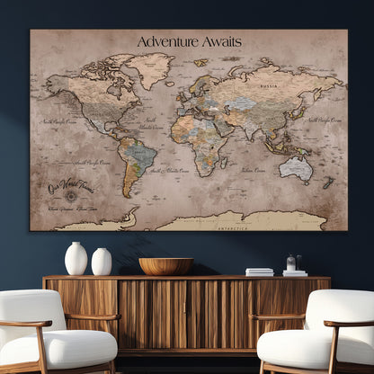 93226713-SEG-FC-51X34_Oversize_Oversize-Personalized World Map Wall Art – Adventure Awaits Rustic Earth-Tone Travel Map with Custom Names, Vintage Wall Decor for Couples,