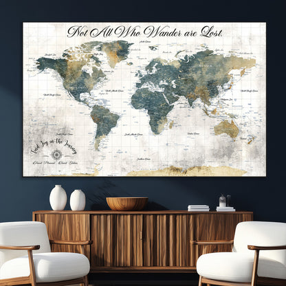 16233493-MGV-CV-36X24-Personalized World Map Wall Art – Rustic Blue Green Wanderlust Travel Map with Custom Couple Names, Vintage Wall Decor for Home