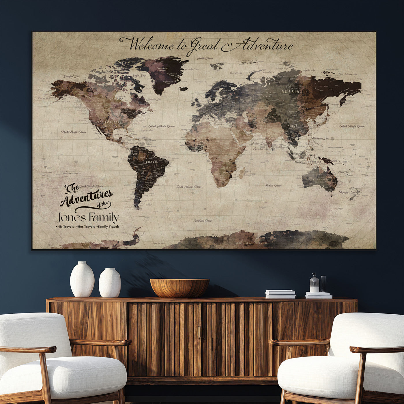 78610079-SEG-FC-51X34_Oversize_Oversize-Personalized World Map Wall Art – Vintage Rustic Travel Map with Custom Family Name, Adventure Wall Decor for Home, Family Gift or