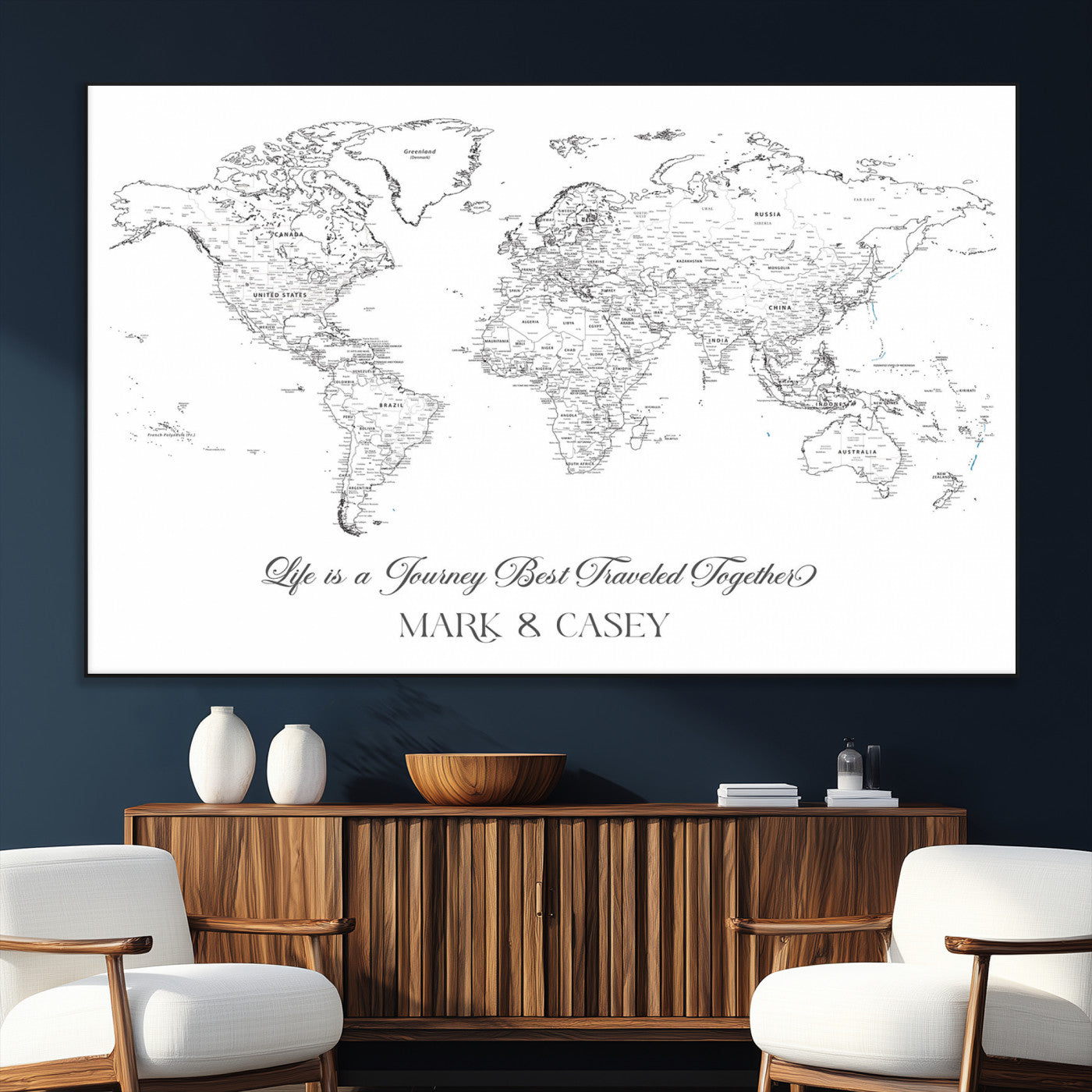 43438578-SEG-FC-51X34_Oversize_Oversize-Personalized World Map Wall Art – Black and White Minimal Travel Map with Custom Names, Elegant Wall Decor for Couples, Wedding or