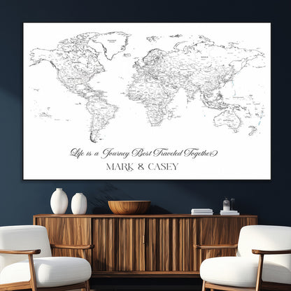 43438578-SEG-FC-51X34_Oversize_Oversize-Personalized World Map Wall Art – Black and White Minimal Travel Map with Custom Names, Elegant Wall Decor for Couples, Wedding or