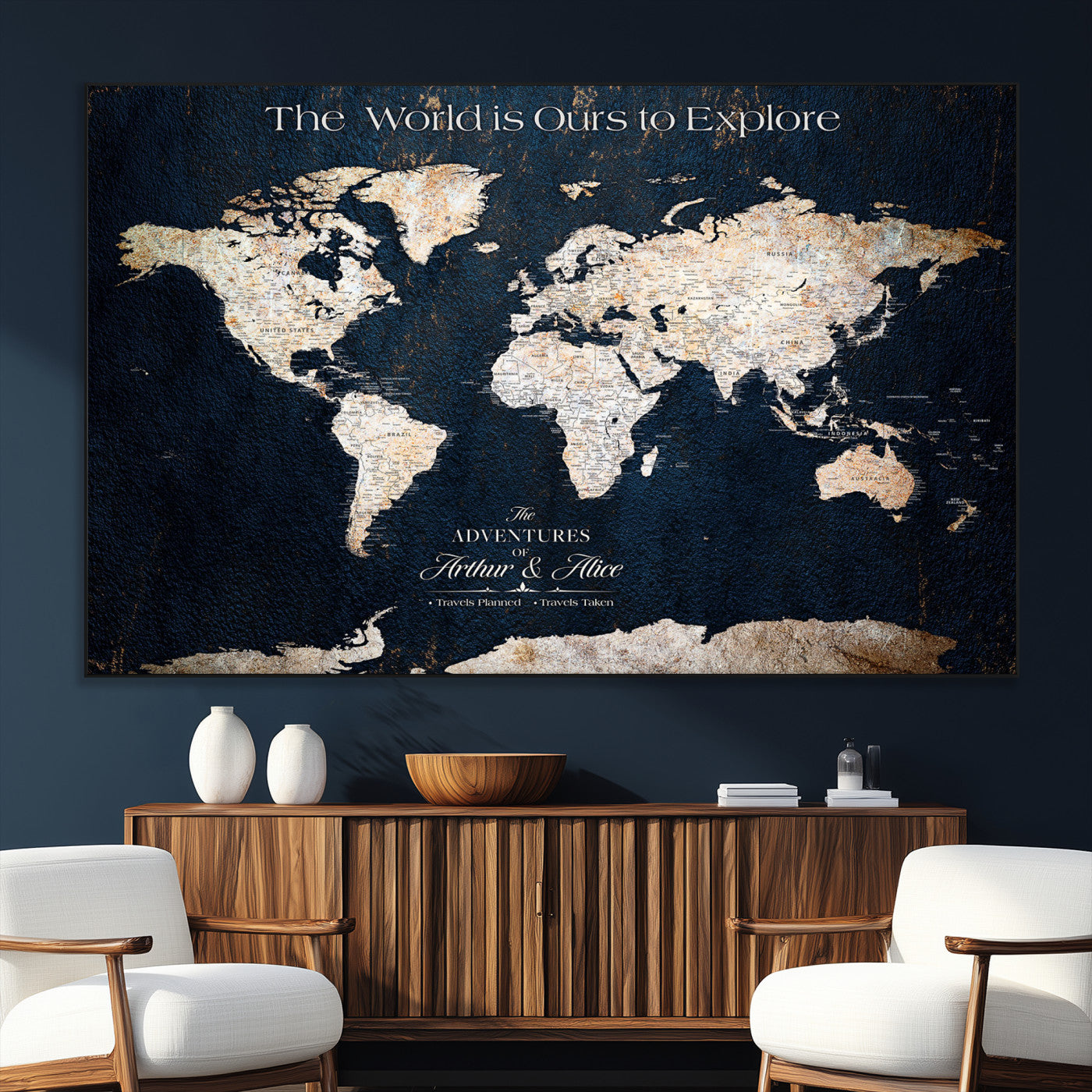 13231361-SEG-FC-51X34_Oversize_Oversize-Personalized World Map Wall Art – Navy Blue Vintage Adventure Travel Map with Custom Names, Elegant Push Pin Canvas for Couples