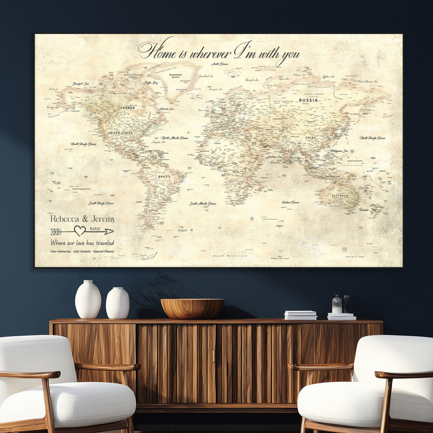 57950315-SEG-FC-51X34_Oversize_Oversize-Personalized World Map Wall Art – Vintage Beige Travel Map with Custom Names, Romantic Anniversary Gift for Couples, Adventure