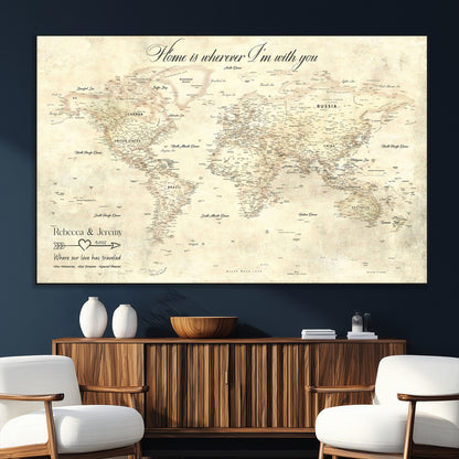 57950315-SEG-FC-51X34_Oversize_Oversize-Personalized World Map Wall Art – Vintage Beige Travel Map with Custom Names, Romantic Anniversary Gift for Couples, Adventure