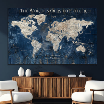 16933330-MGV-CV-36X24-Personalized World Map Wall Art – Navy Blue Vintage Travel Map with Custom Names, Anniversary Gift for Couples Romantic Adventure