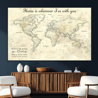 35009043-SEG-FC-51X34_Oversize_Oversize-Personalized World Map Wall Art – Vintage Beige Travel Map with Custom Names and Date, Romantic Anniversary Gift for Couples Home