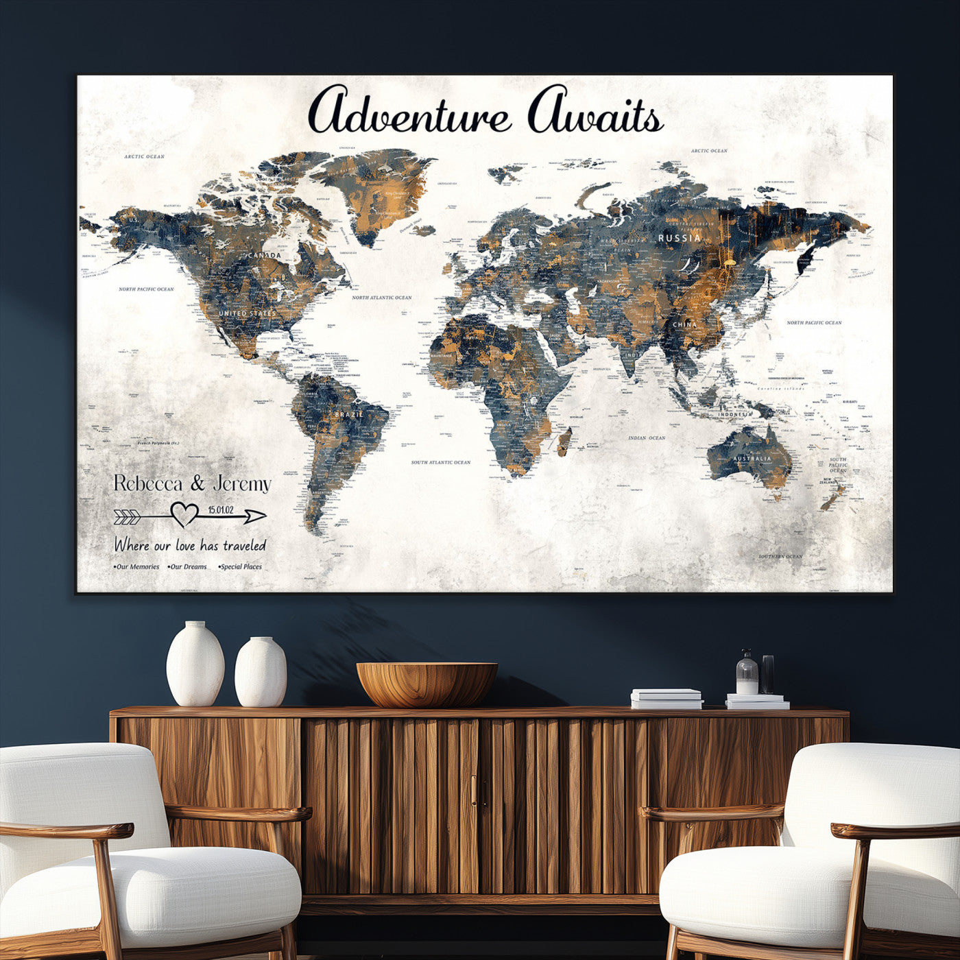 11751559-SEG-FC-51X34_Oversize_Oversize-Personalized World Map Wall Art – Elegant Adventure Travel Tracker Map for Couples & Families, Push Pin Canvas Poster Decor for Home, Office