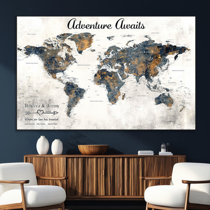 11751559-SEG-FC-51X34_Oversize_Oversize-Personalized World Map Wall Art – Elegant Adventure Travel Tracker Map for Couples & Families, Push Pin Canvas Poster Decor for Home, Office