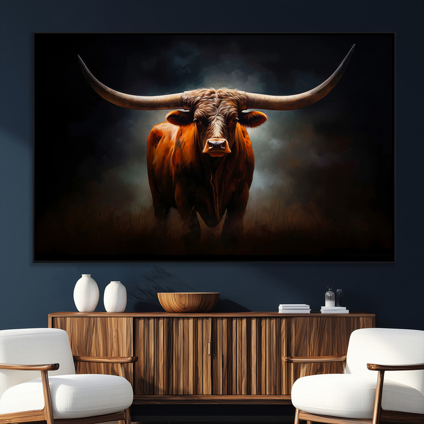 12484-SEG-FC-51X34_Oversize_Oversize-Texas Longhorn Wall Art Canvas Print, Framed Western Bull Art Picture Print, Moody Cattle Perfect Moody Western Decor Artwork
