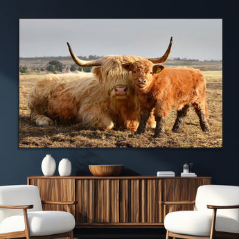 88780-SEG-FC-51X34_Oversize_Oversize-Highland Cow Wall Art Canvas Print, Framed Cow Calf Art Picture Print, Scottish Cattle Perfect Rustic Farmhouse Decor Artwork