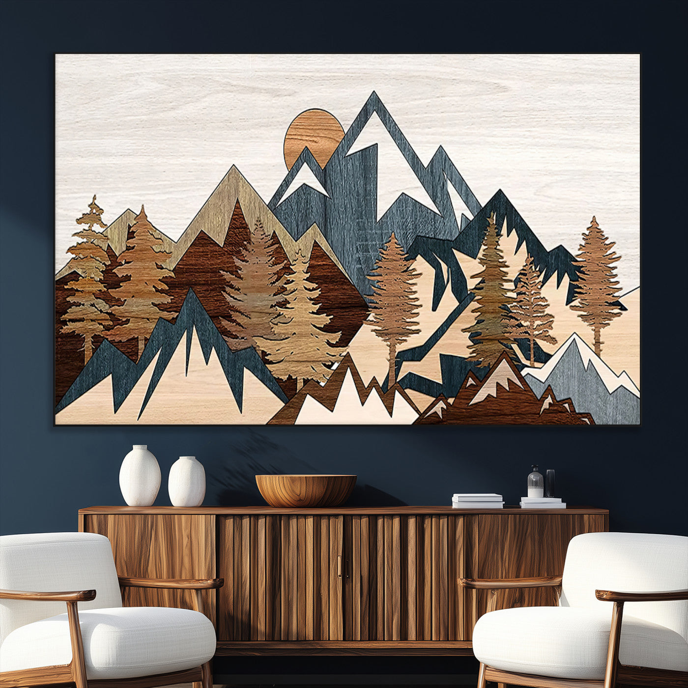 80300-MGV-CV-36X24-Geometric Mountains Wall Art Canvas Print, Framed Stylized Trees Art Picture Print, Graphic Forest Perfect Rustic Abstract Decor