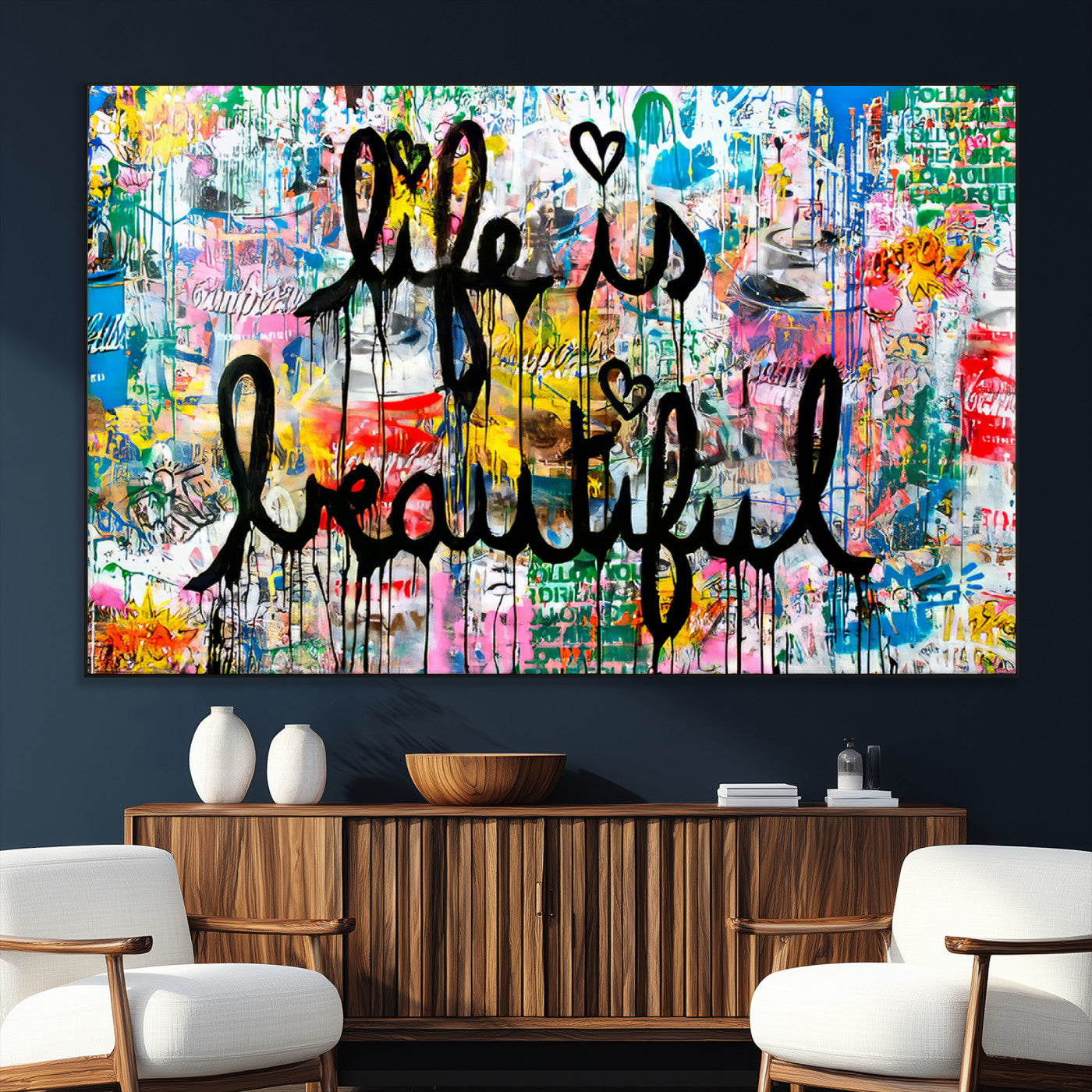 36856-MGV-CV-36X24-Life Is Beautiful Wall Art – Colorful Graffiti Canvas Print, Modern Street Style Artwork, Inspirational Decor for Living Room,