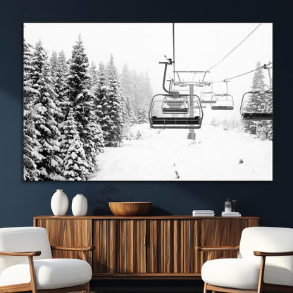 49274-MGV-CV-36X24-Snowy Forest Wall Art Canvas Print, Framed Ski Lift Art Picture Print, Mountain Snow Perfect Minimal Winter Lodge Decor Artwork