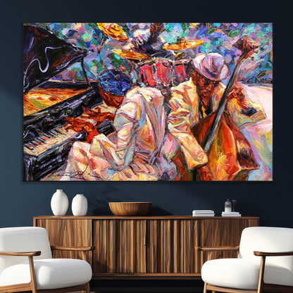 13675-SEG-FC-51X34_Oversize_Oversize-Jazz Band Wall Art Canvas Print, Framed Jazz Oil Painting Art Picture Print, Vibrant Music Perfect Abstract Musical Decor Artwork