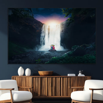 56359-MGV-CV-36X24-Lilo Stitch Wall Art Canvas Print, Framed Stitch Angel Art Picture Print, Cartoon Waterfall Perfect Tropical Fantasy Decor Artwork