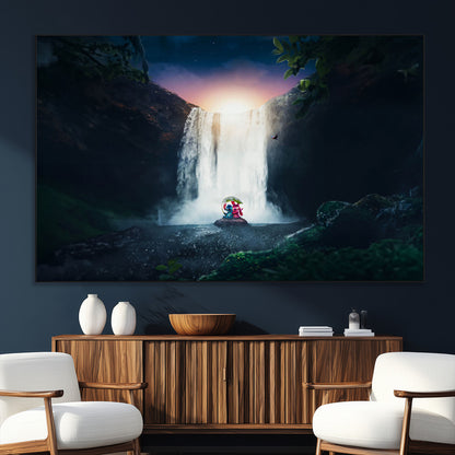 56359-MGV-CV-36X24-Lilo Stitch Wall Art Canvas Print, Framed Stitch Angel Art Picture Print, Cartoon Waterfall Perfect Tropical Fantasy Decor Artwork
