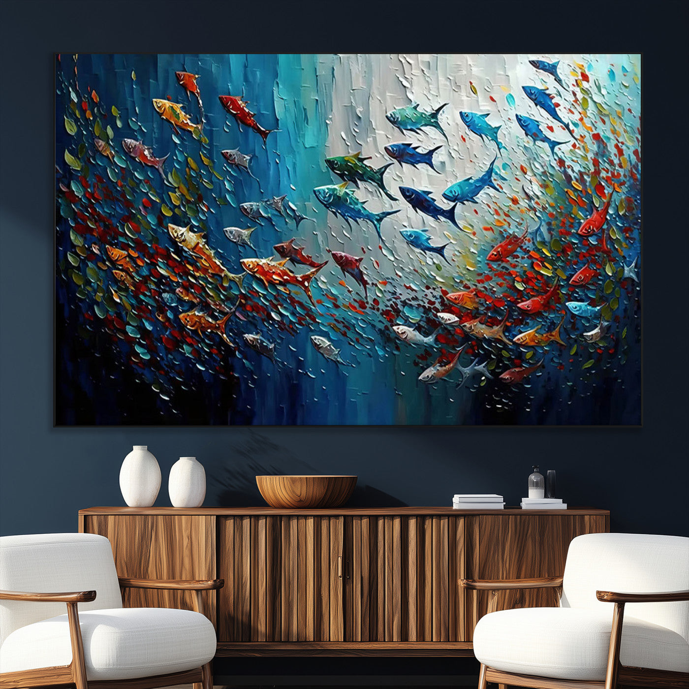 89626-MGV-CV-36X24-Fish Swarm Wall Art Canvas Print, Framed Abstract Ocean Art Picture Print, Underwater Life Perfect Vibrant Coastal Decor Artwork