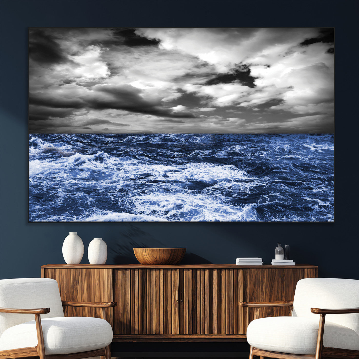 91043-SEG-FC-51X34_Oversize_Oversize-Stormy Ocean Wall Art Canvas Print, Framed Moody Seascape Art Picture Print, Monochrome Sea Perfect Coastal Drama Decor Artwork