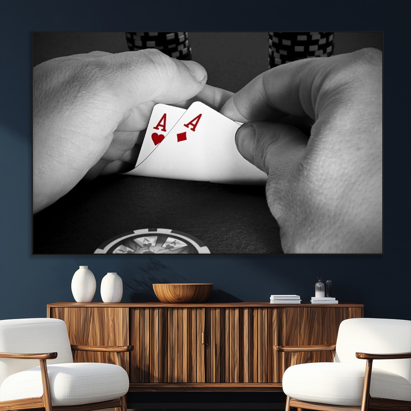 62460-MGV-CV-36X24-Poker Game Wall Art – Close Up of Hands Holding Aces with Chips, Casino Style Decor for Game Room, Man Cave or Office