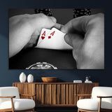 62460-MGV-CV-36X24-Poker Game Wall Art – Close Up of Hands Holding Aces with Chips, Casino Style Decor for Game Room, Man Cave or Office