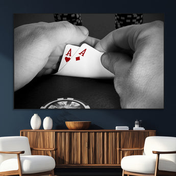 62460-MGV-CV-36X24-Poker Game Wall Art – Close Up of Hands Holding Aces with Chips, Casino Style Decor for Game Room, Man Cave or Office