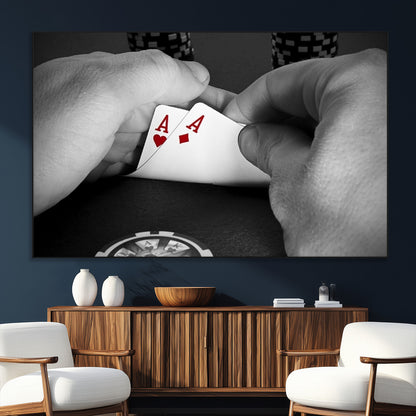 62460-MGV-CV-36X24-Poker Game Wall Art – Close Up of Hands Holding Aces with Chips, Casino Style Decor for Game Room, Man Cave or Office