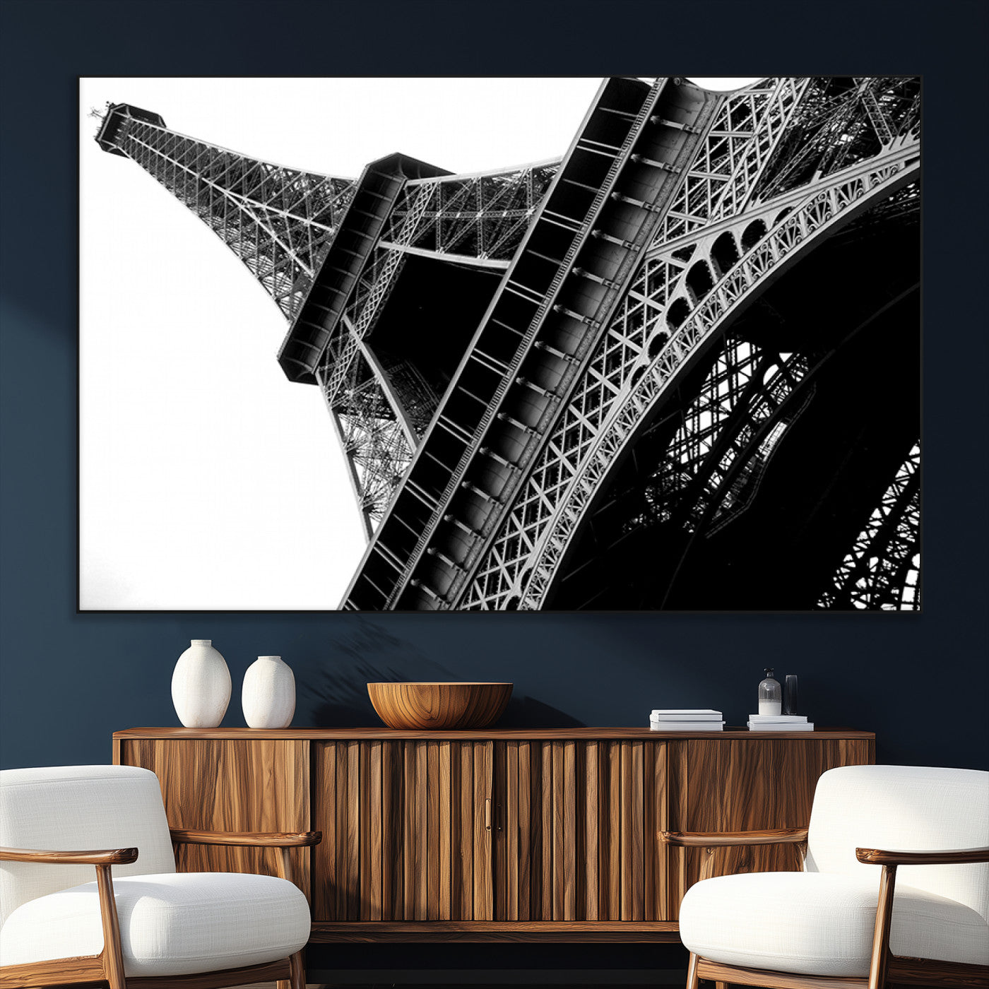 89033-SEG-FC-51X34_Oversize_Oversize-Eiffel Tower Wall Art – Dramatic Black and White Architectural Canvas Print, Modern Paris Decor for Office, Living Room or