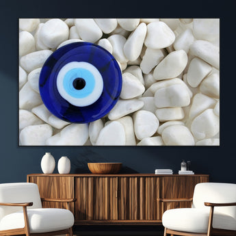 48883-SEG-FC-51X34_Oversize_Oversize-Evil Eye Wall Art – Deep Blue Symbol of Presence and Calm on White Stones, Subtle Spiritual Decor for Entryway, Studio, Office or